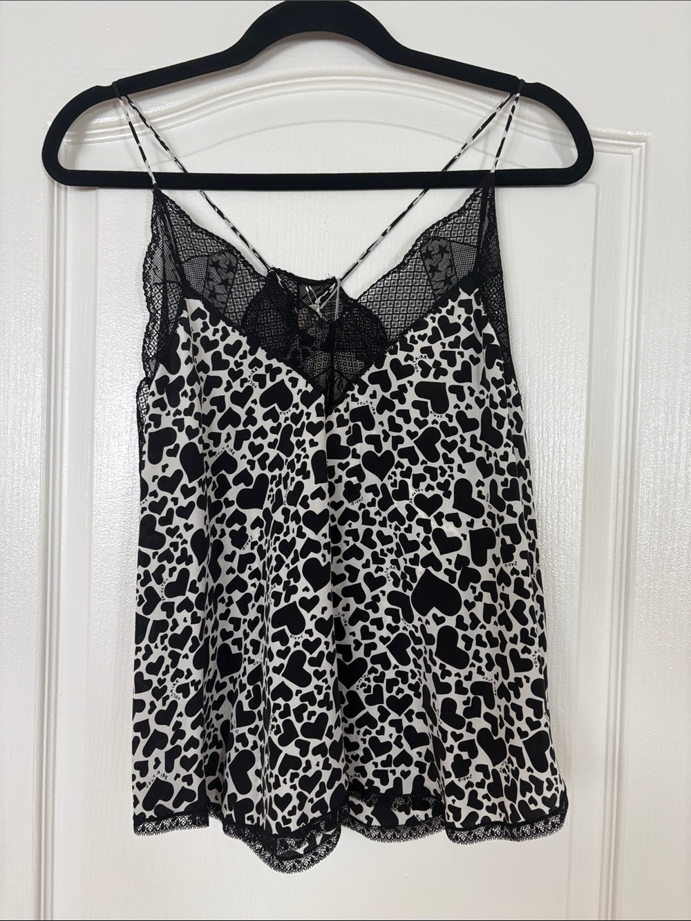 Zadig & Voltaire Black & White Heart-Print Lace-Trim Cami